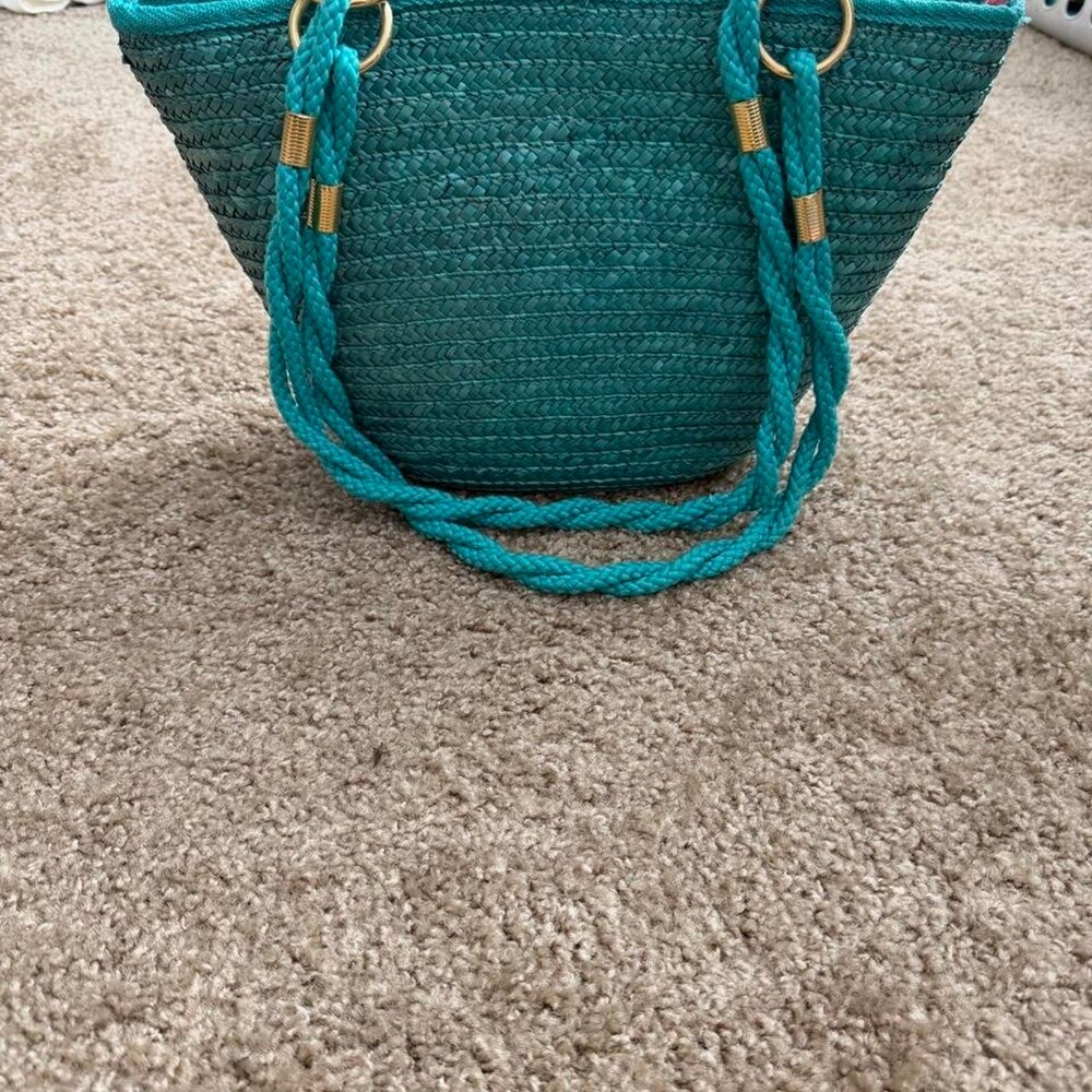 Vintage Waves by Tandem Bags teal straw tote with braided handles medium in size